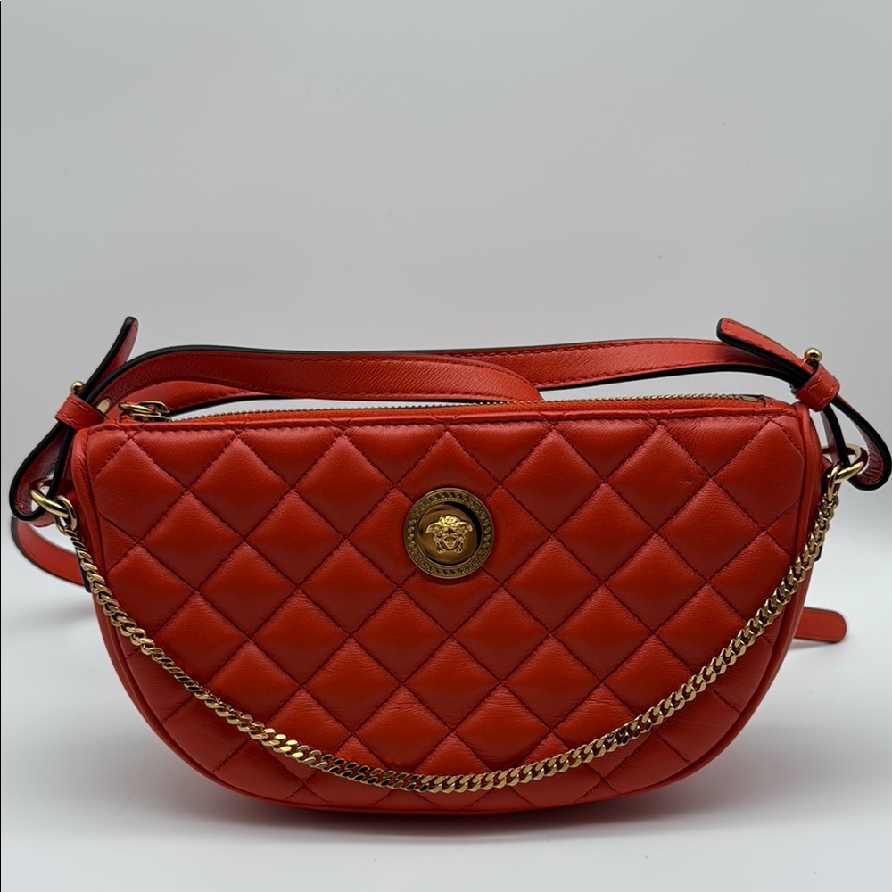 Versace Red Quilted Crossbody Bag with Gold Chain